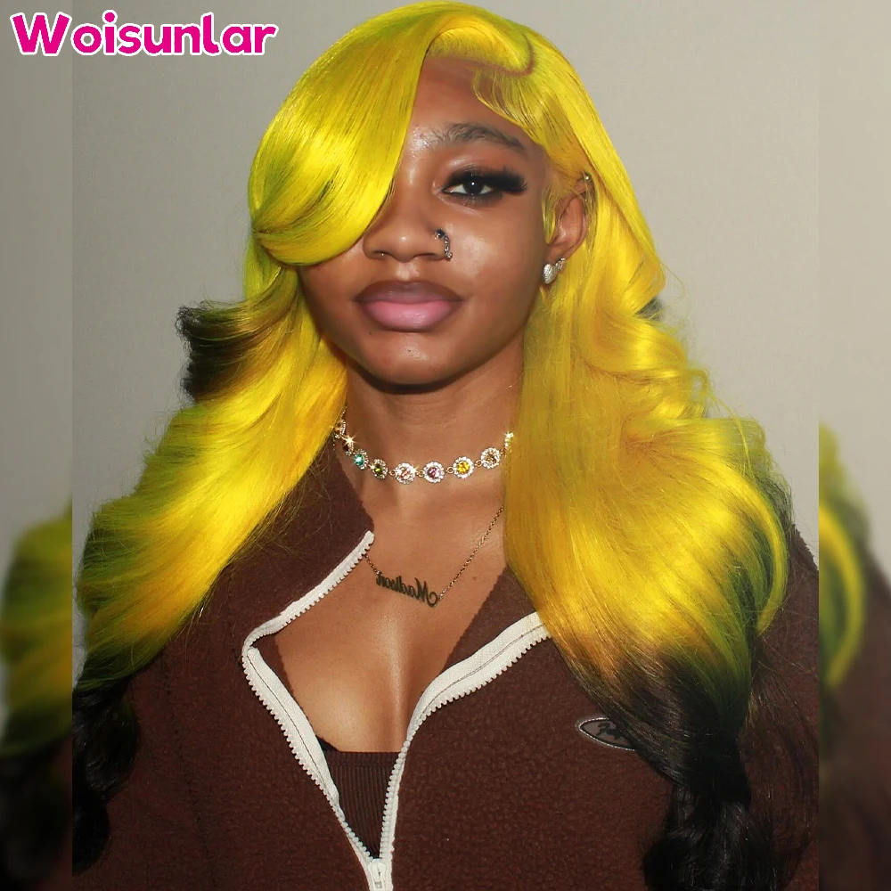 

36 inches Ombre Yellow and Black Front Lace wigs human hair 13x4 Transparent Lace Body wave 200% Black Women Human hair wigs