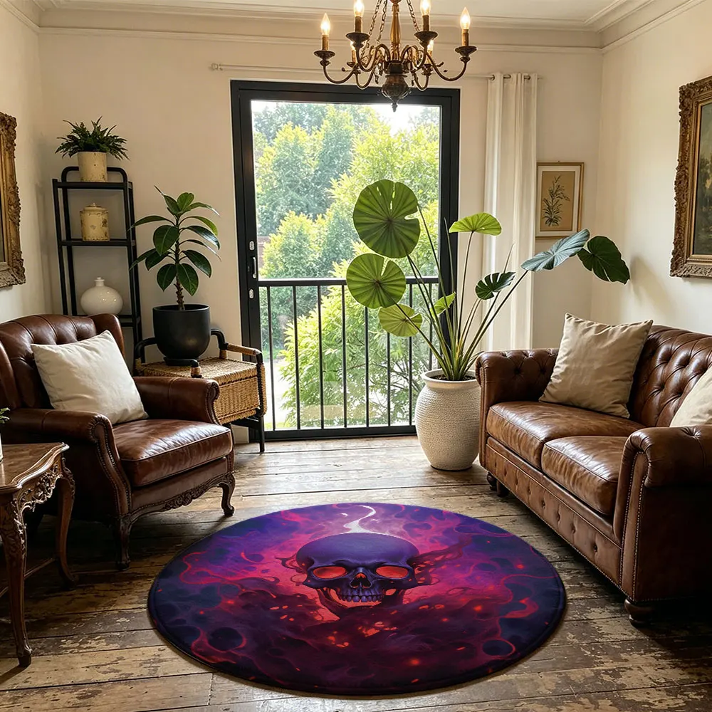 1pc Dark Flame Skull Halloween Round Floor Mat Washable Circular Area Rug For Living Room Bedside Sofa Fiery Skeleton Gothic