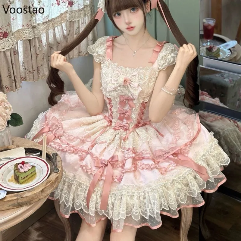 Sugar Doll　y2k　00s　coquette　リボン　姫ロリᥫ᭡ Japanese Kawaii Lolita Jsk Dress Sweet Women Y2k Bow Ribbon Lace