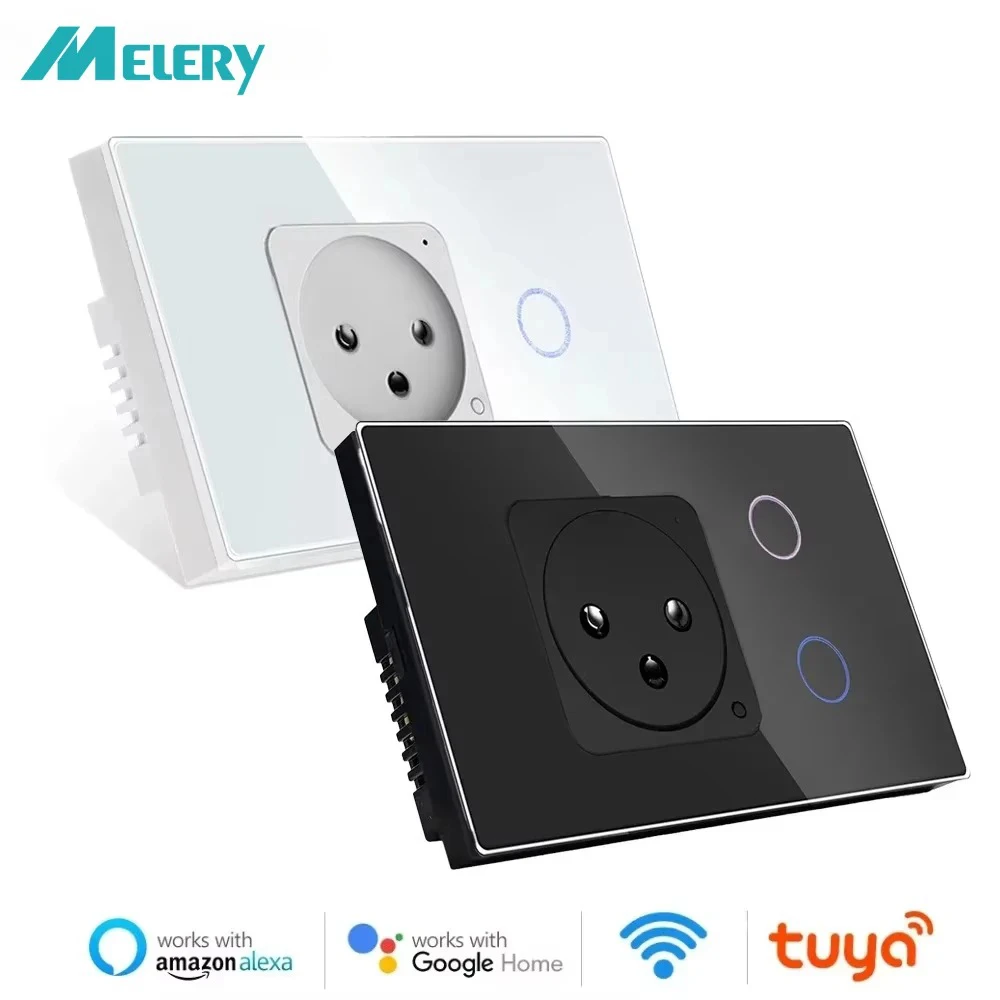 

Melery Israel Wall Socket Wifi Smart Light Switch Tuya Plug Electrical Outlet Touch Glass Panel Intelligent Alexa Google Home