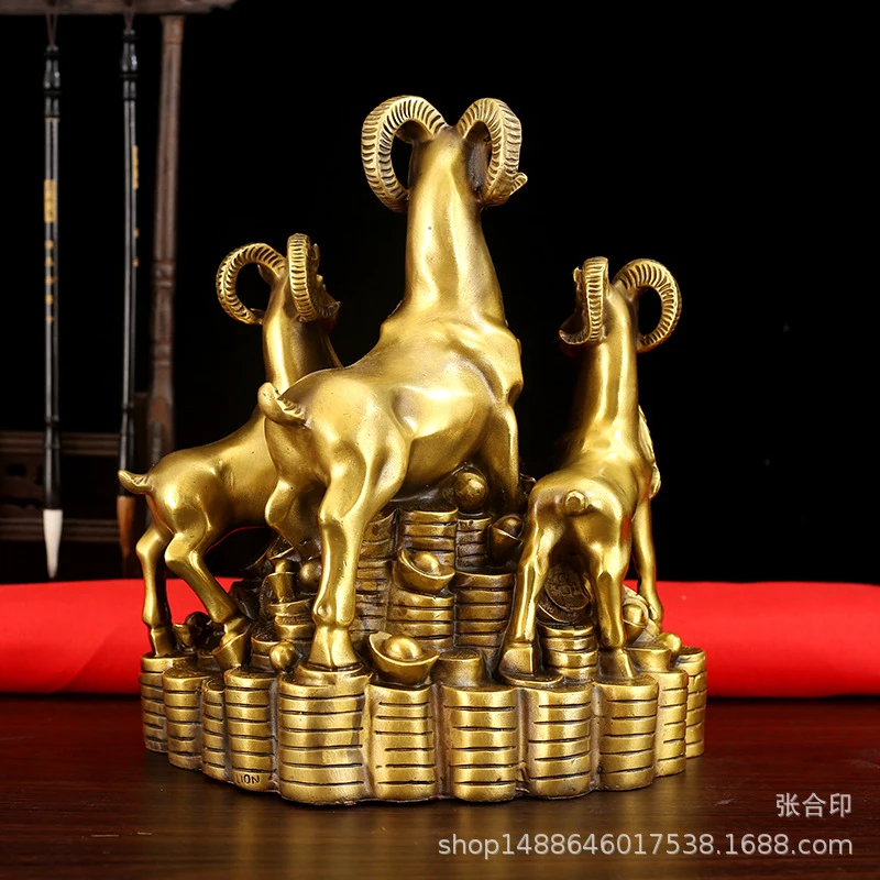 - Ornament, Bronze Treasure Basin with Three Goats, Money Zodiac Goat Home Decoration for Entryway and Cash
