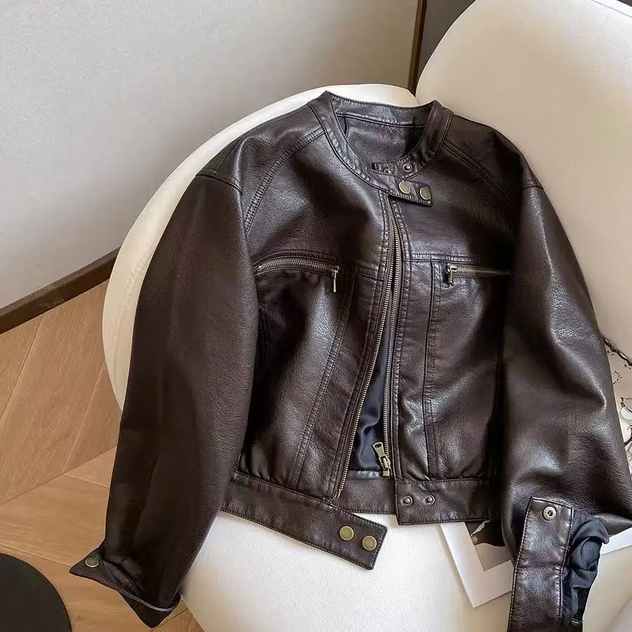 レディースPUレザージャケット 春秋新作 レトロ ライダースジャケット ゆったり ショート丈 ファッション ラウンドネック ジッパー 無地 レザーコート