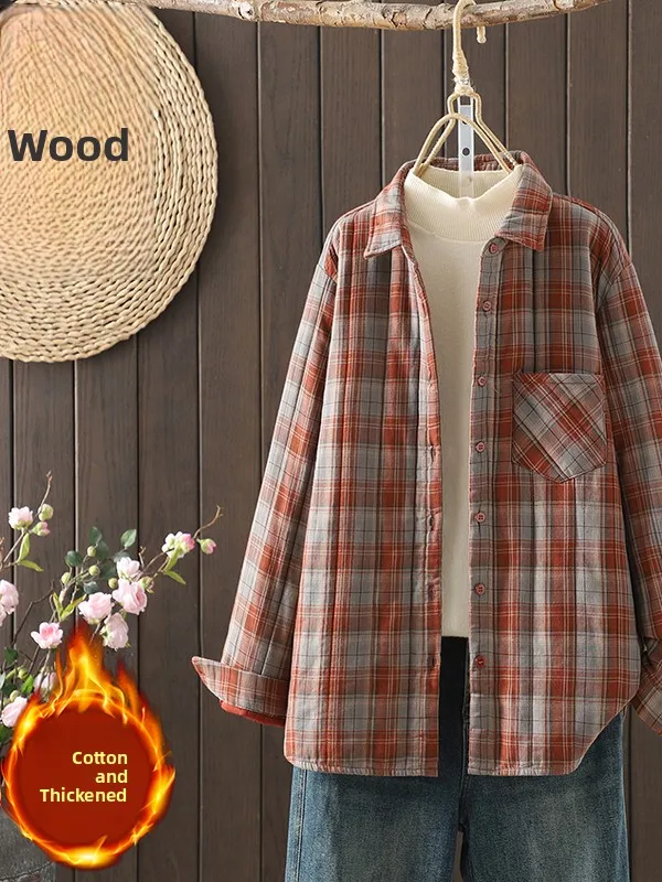 

Thiened Long Sve Cotton irt Winter Vintage Loose Sle Warm Plaid Top Double Layered Slimming Casual Artistic irt