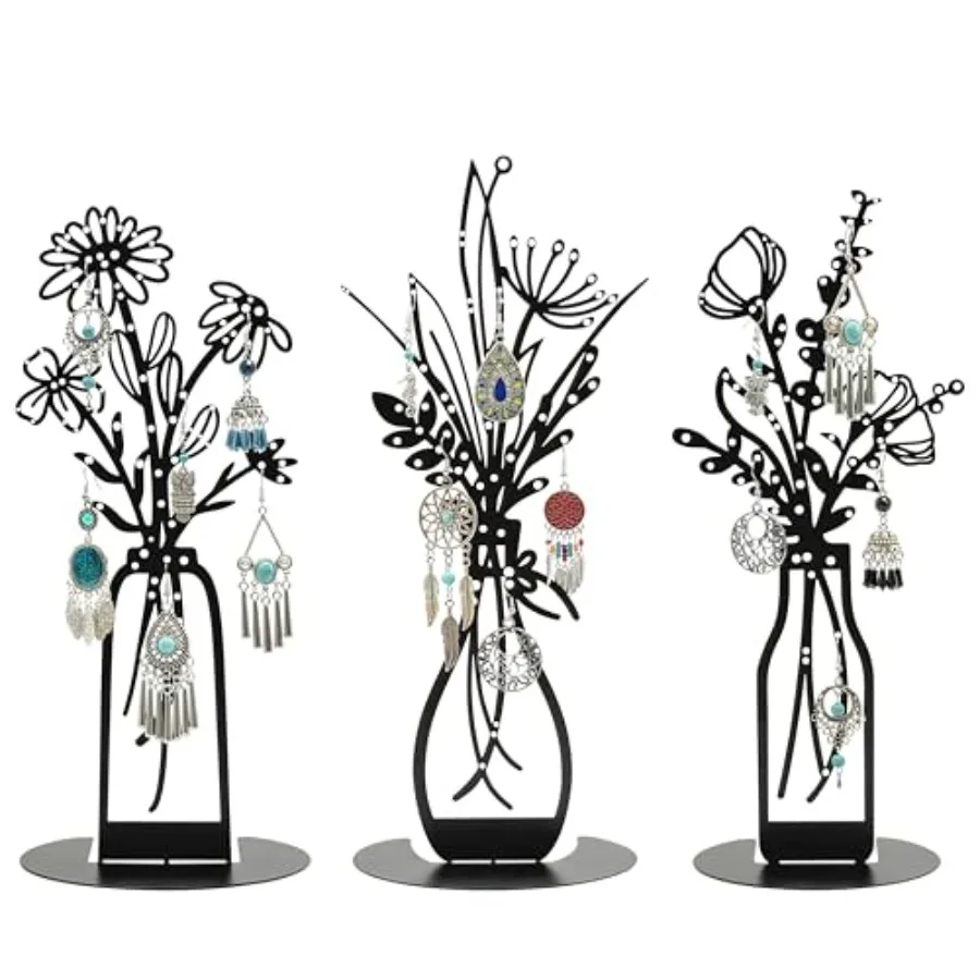 3 Pieces Metal Flowers Vases Earring Organizer 13.2 Inches in Height, Tabletop Earring Hanger, Jewelry Storage Tree Earring Dis