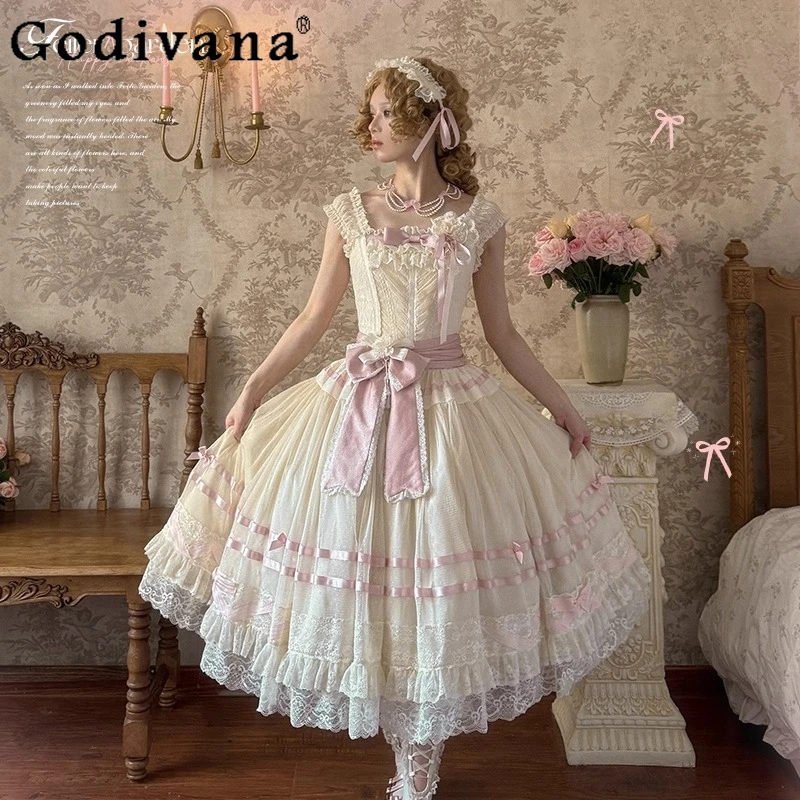 

Sweet Princess Style Tea Party Dresses Japanese Girl's Woman's Sweet Cute Bow Lace Long Dress Japanese Lolita Style Dress JSK