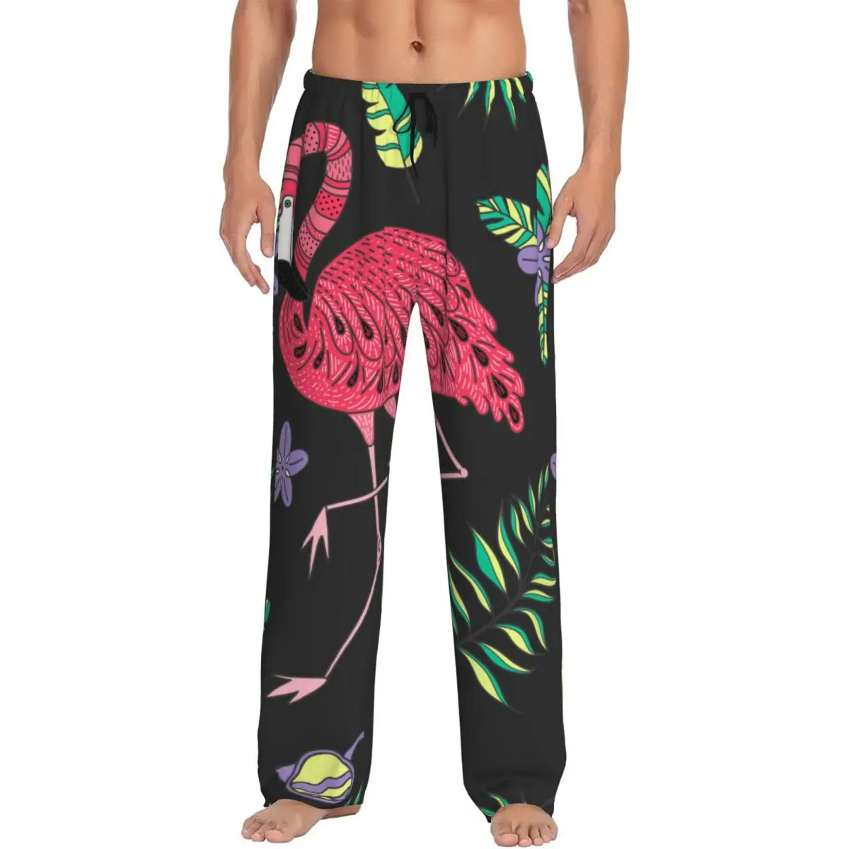 Pantalones de pijama con hojas exóticas de flamenco tropical, ropa de dormir para hombres, cintura elástica, pantalones de salón para dormir con bolsillos