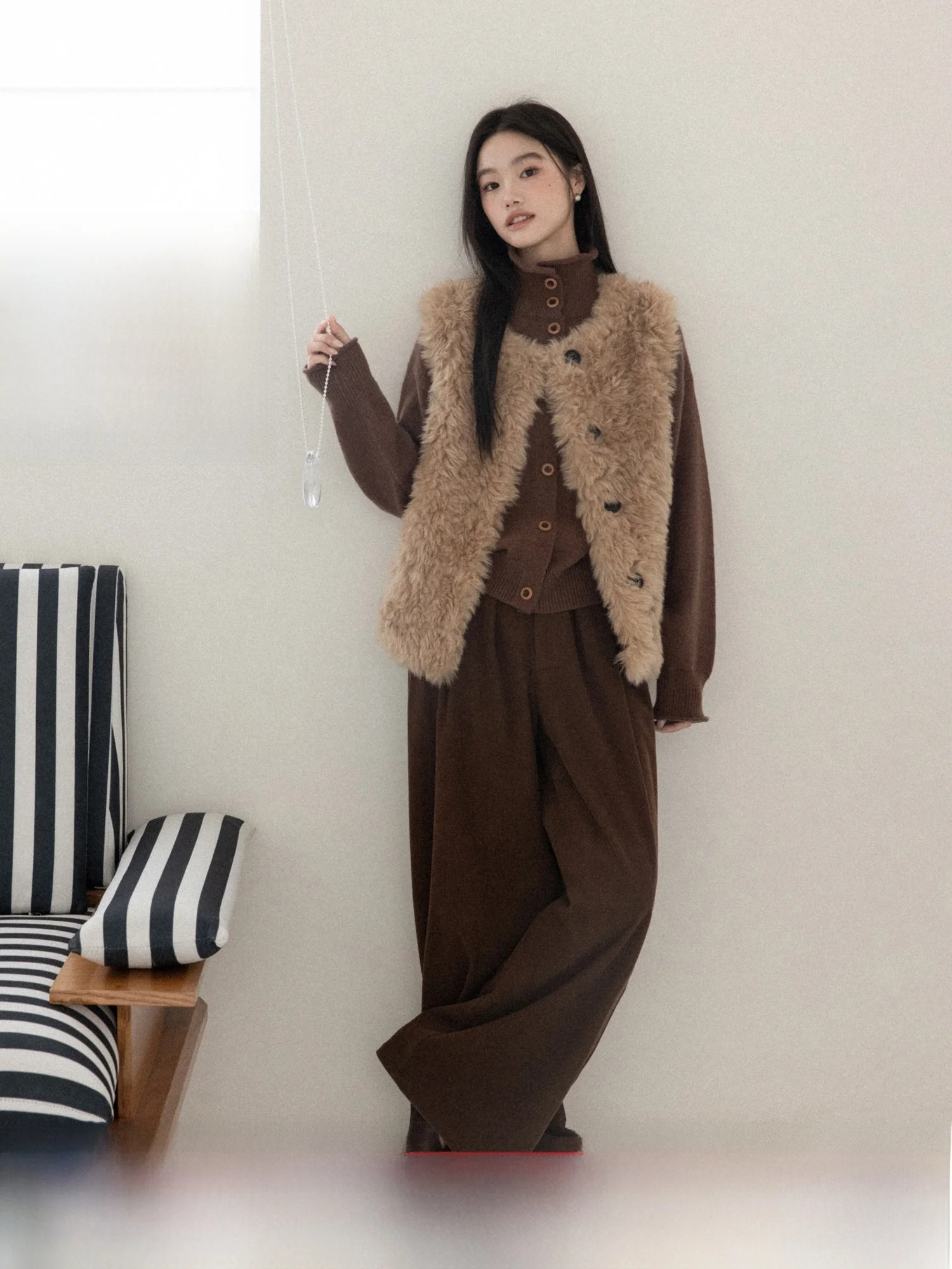 

Женские повседневные брюки с высокой талией и широкими штанинами, прямого кроя, кофейного цвета, свободного силуэта, зимние, новые, от Yanheng S