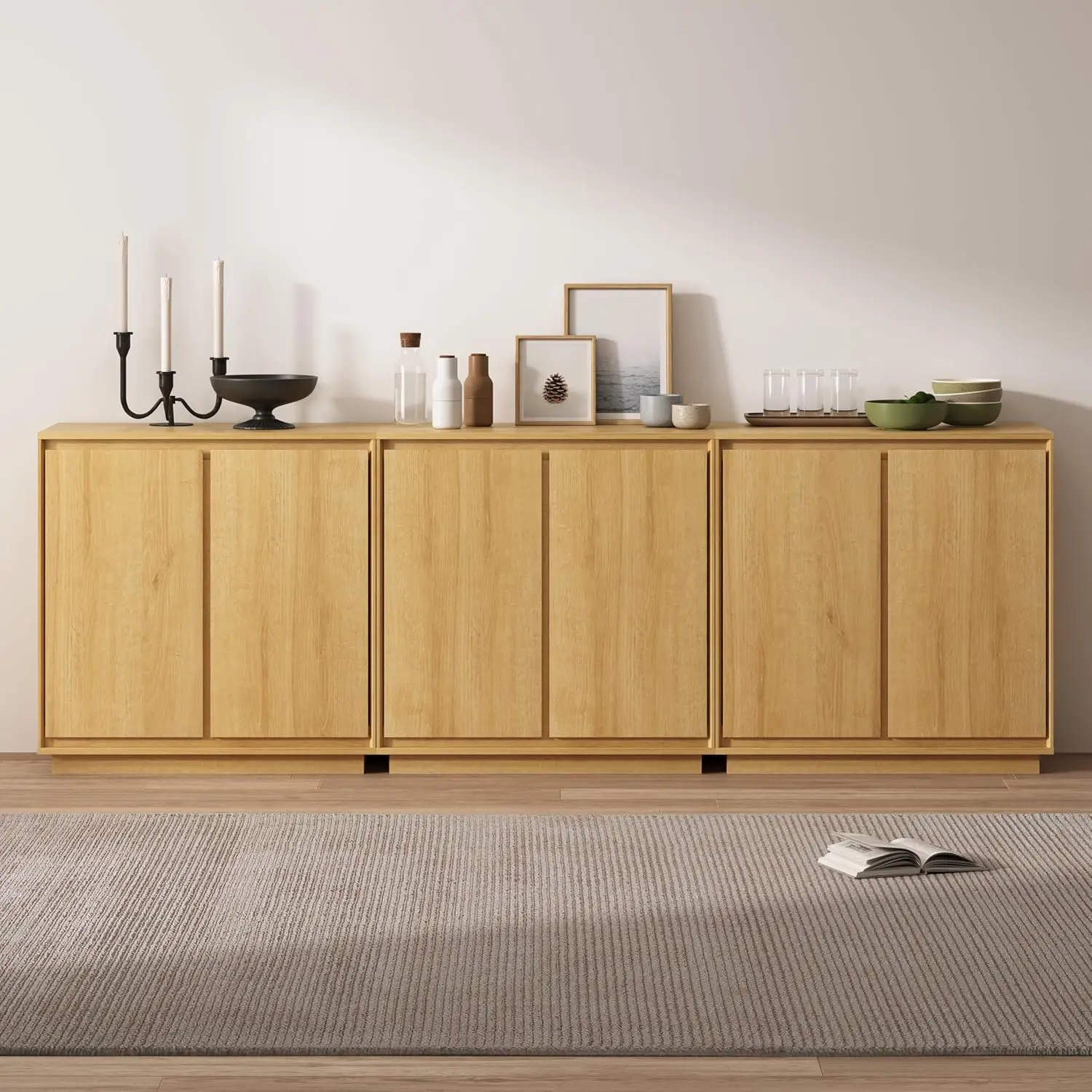 3 قطع خزانة بوفيه جانبية مع مساحة تخزين مع أرفف قابلة للتعديل وتصميم بدون مقبض مناسب للمطابخ والممر،