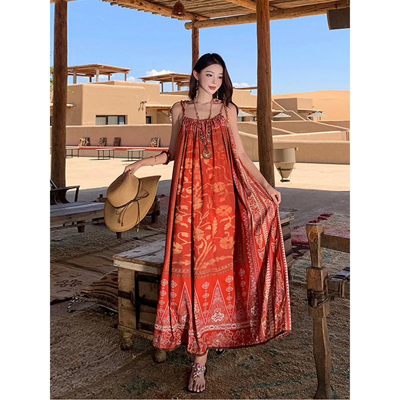 

Платье в богемном стиле с красным принтом, летнее, новинка 2026 года, для отпуска и путешествий, без рукавов, свободного кроя, красивое, А-силуэт