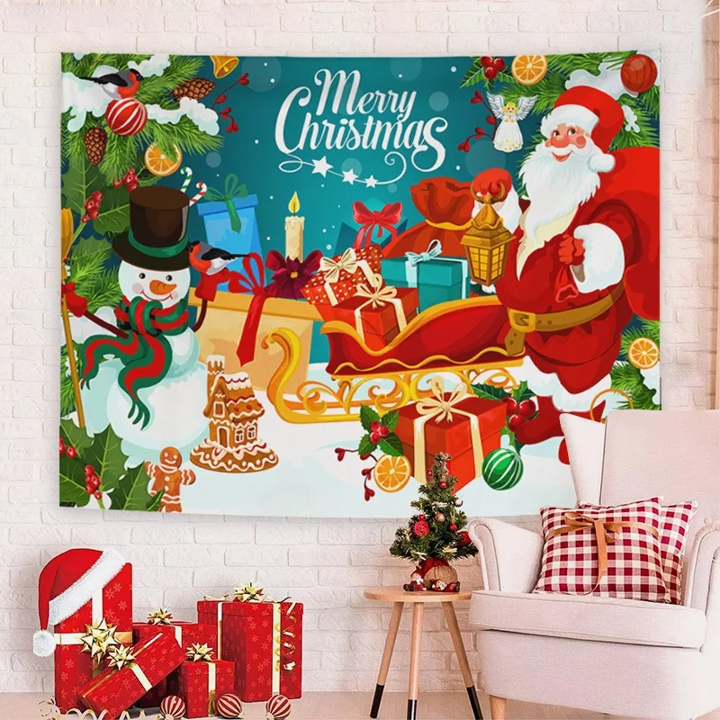 VIKAMA Classic Santa Sleigh Snowman Tapestry, HD Print Wall Hanging for Living Room Cozy Holiday Home Decor