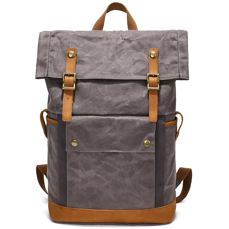 Waterproof Waxed Canvas Leather Mens Camping Backpack Travel Roll Top Rucksack 16 inch Laptop Bag Vintage Students School Bags