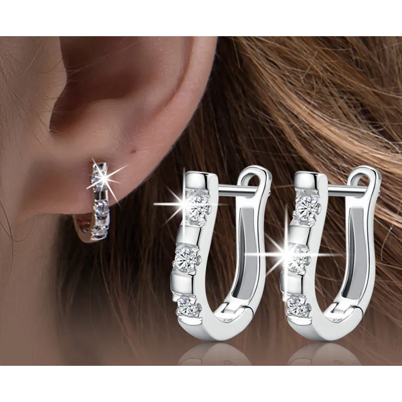 Authentic 925 Sterling Silver Pendientes Earrings Harp Zircon Studs HorseShoe Earrings For Women Wedding Gift