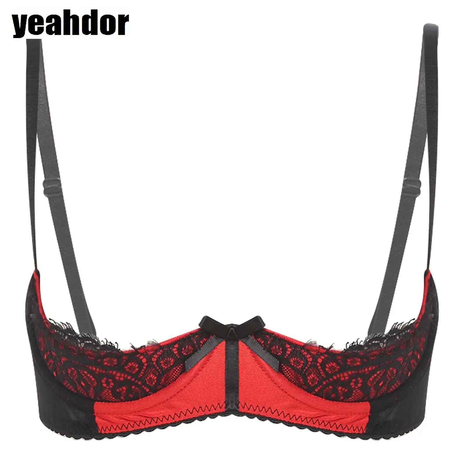 

Women Eyelash Floral Lace Bra Lingerie 1/4 Cups Push Up Underwire Bralette Balconette Tempting Nightwear for Date Anniversary