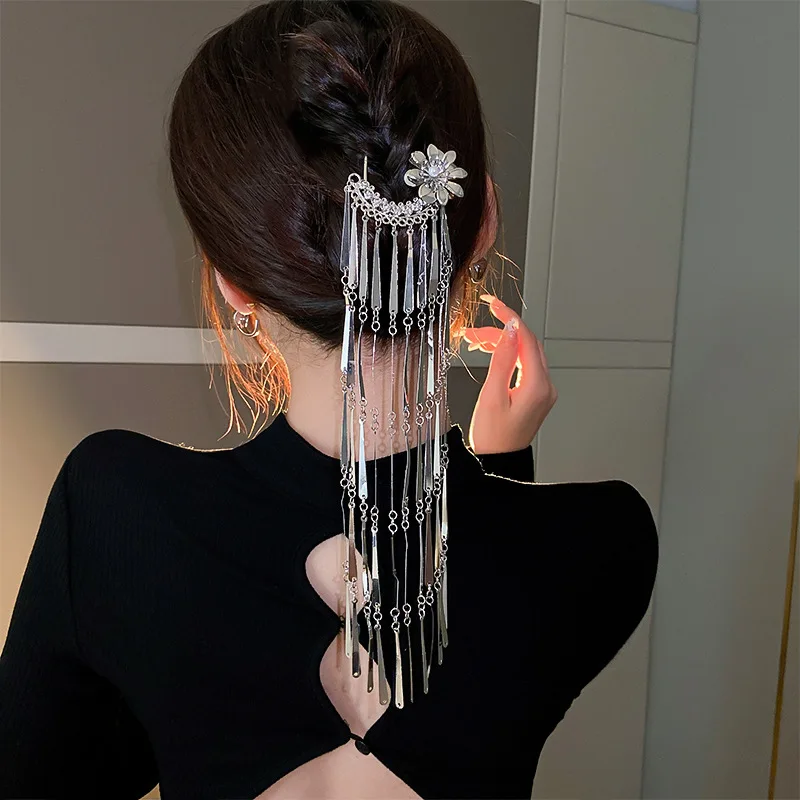 Vintage Chinese Style Hanfu Metal Hair Stick Silver Color Hairpin With Long Tassel Women\'s Hair Fork Diy Hairstyle Accessories