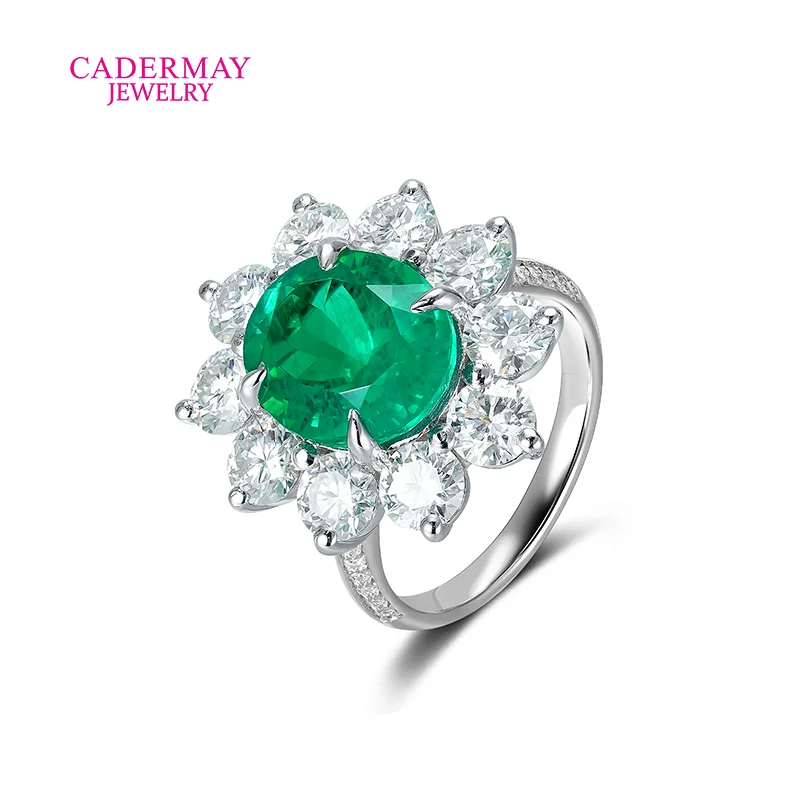 Customized 925 Silver 10x12mm Oval Cut Lab Emerald Ring Halo Moissanite Engagement Ring Emerald Ring Women Gift Party view 5