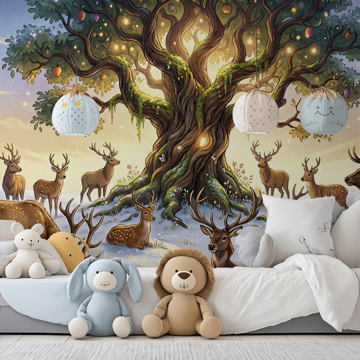 Enchanted Winter Glowing Tree and Deer Wall Mural Custom Size, Peel and Stick or Non-Woven, Magical Forest Wallpaper