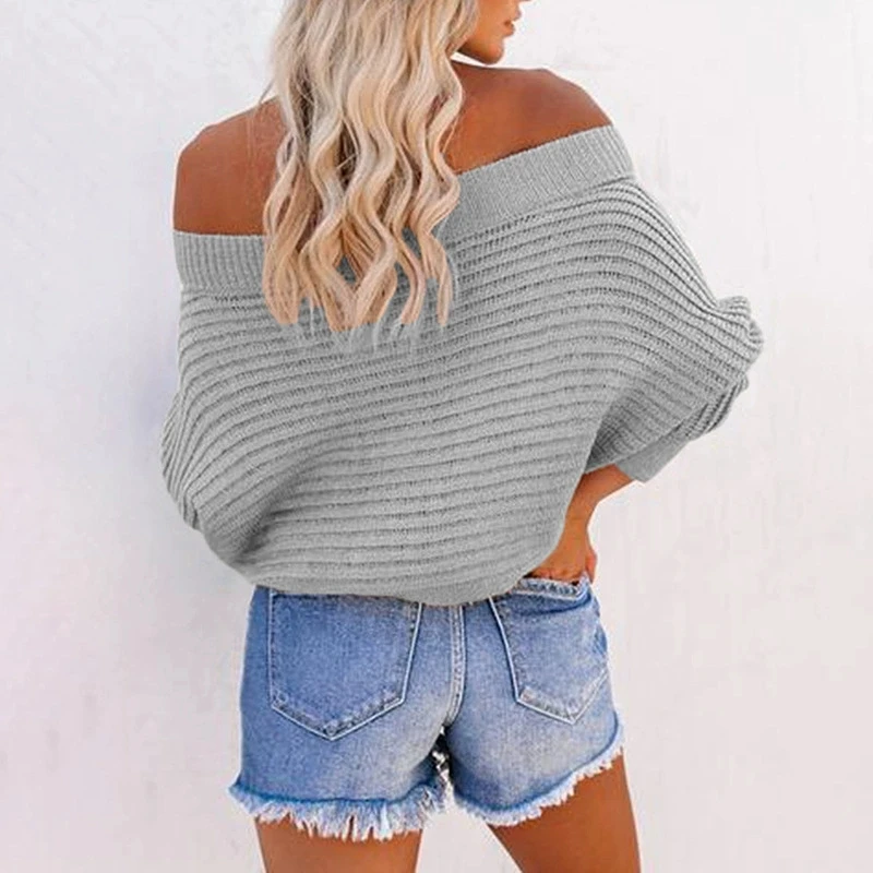 Ropa de primavera para mujer, suéteres europeos y americanos, mangas de murciélago a rayas, suéter de punto con hombros descubiertos