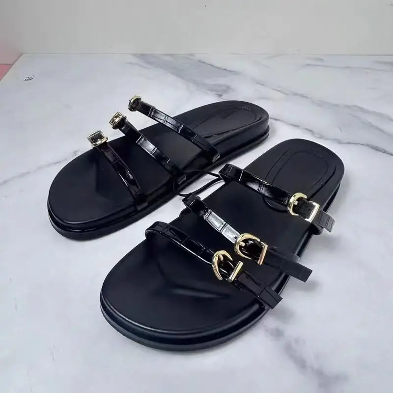 TRAF Womans Black Thin Buckled Straps Sandals Sexy Round Toes Slingback Flat Sandal 2024 Summer Female Casual Flip-flops Shoes