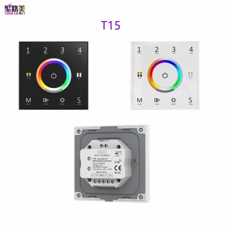 Panel táctil de pared T15 5 en 1, controlador maestro DMX de 4 zonas, atenuador de cristal Led AC110-220V para cinta monochrome/CCT/RGB/RGBW/RGB + CCT