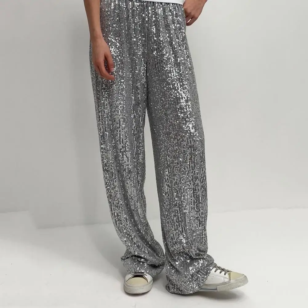 Women Commuter Pants Sequin Embellished Wide Leg Pants for Women Mid-rise Elastic Waist Trousers with Shiny Details for Women