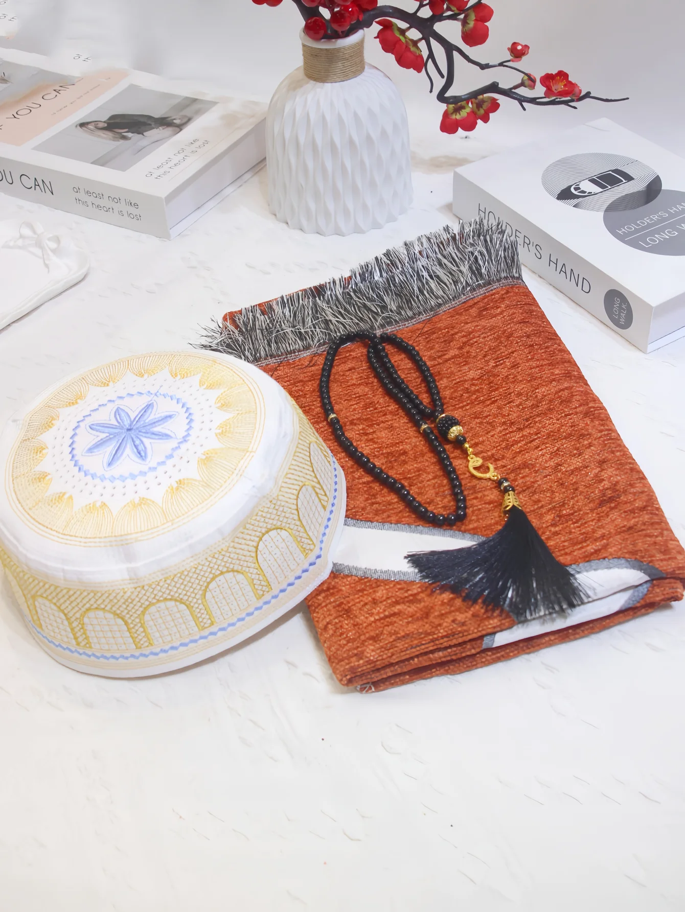 Deluxe Gift Set of Three Prayer Items: Chenille Arch Printed Prayer Mat, Doorway Cap, Imitation Pearl Prayer Beads Complete Kit