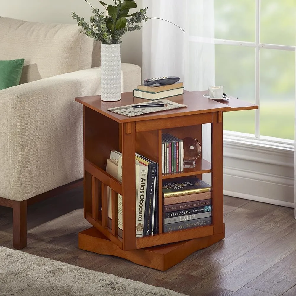 Rotating End Table - Walnut, Rotates 360 Degrees, Built-in Bookshelf, Built-in Magazine Rack, Pull-Out Tray