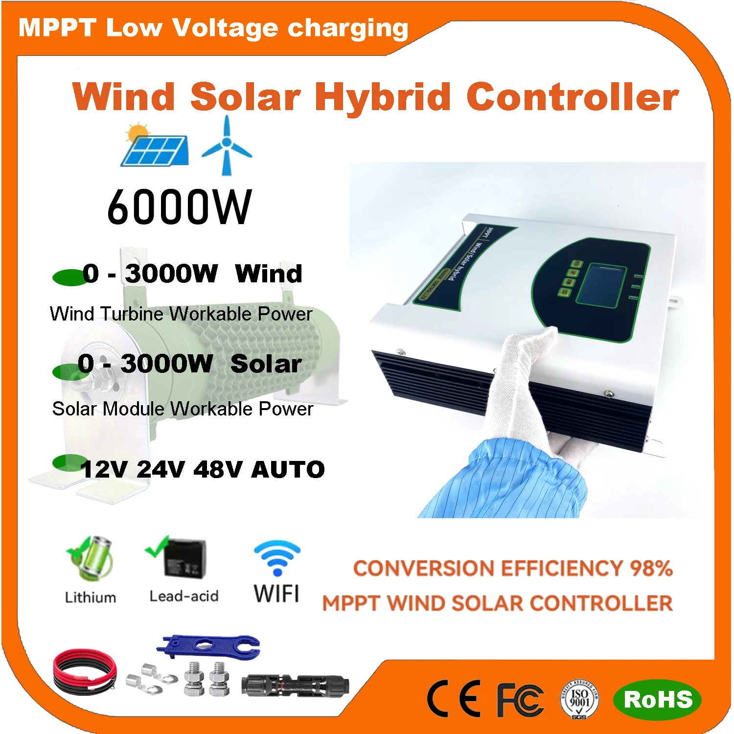 

12V 24V 48V 6000W Wifi Wind Solar Hybrid Charge Controller MPPT Charge for Solar Panel Wind Turbine Lithium Lead Acid Battery