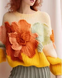 Cappotto maglione lavorato a maglia con fiori di albicocca dell'industria pesante Autunno e inverno da donna Nuovo pullover capispalla a maniche lunghe con collo rotondo