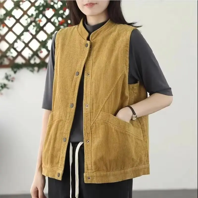 

Spring Autumn 2025New Middle-aged Mother Vintage Corduroy Vest Women's Coat Casual Loose Ladies Sleeveless Waistcoat Female Tops