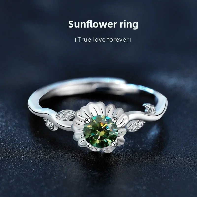 

Light luxury 925 sterling silver sunflower moissanite ring for women, adjustable opening, anniversary birthday gift