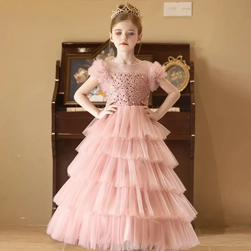 Long Dress 2025 Pink Glitter Girls Princess Dresses Clothes Children Pageant  Gown Kids Costumes Host Tulle Birthday Party Baby