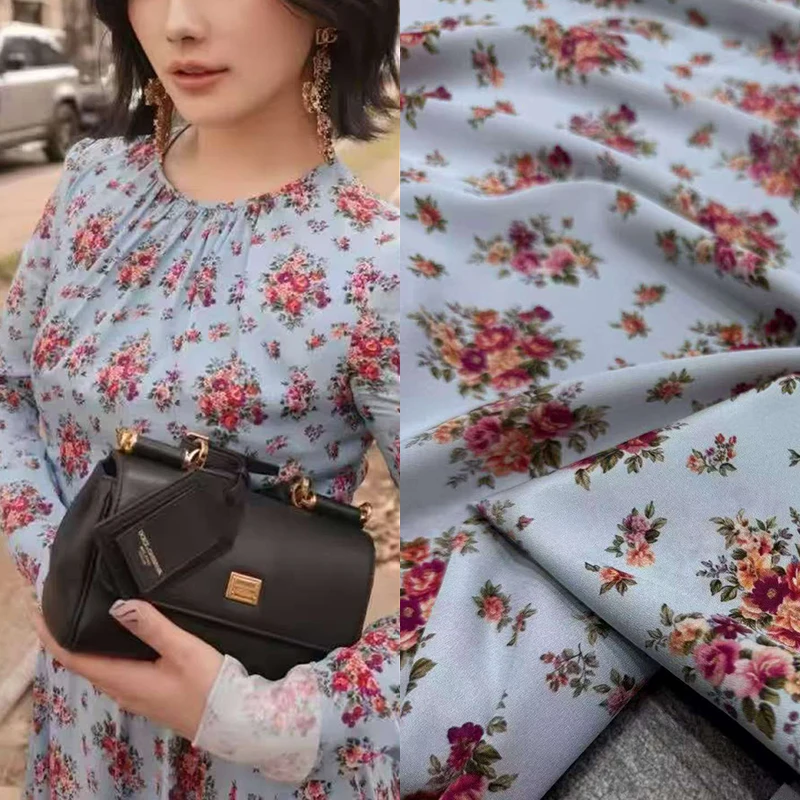 Purple Floral 18MM Thin Blue Silk Crepe de Chine Fabric for Summer Dress Pants Four-season Pajamas DIY Sewing Material R7128