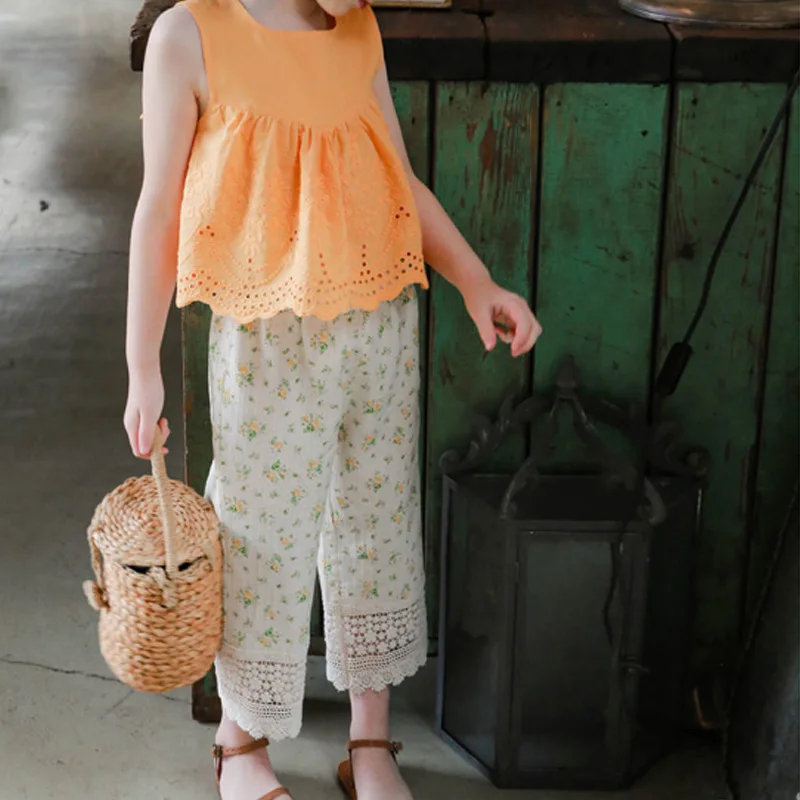 

Summer 2025 Korean Children's Baby Girls' Fresh Floral Trousers Kid Lace Casual Pants