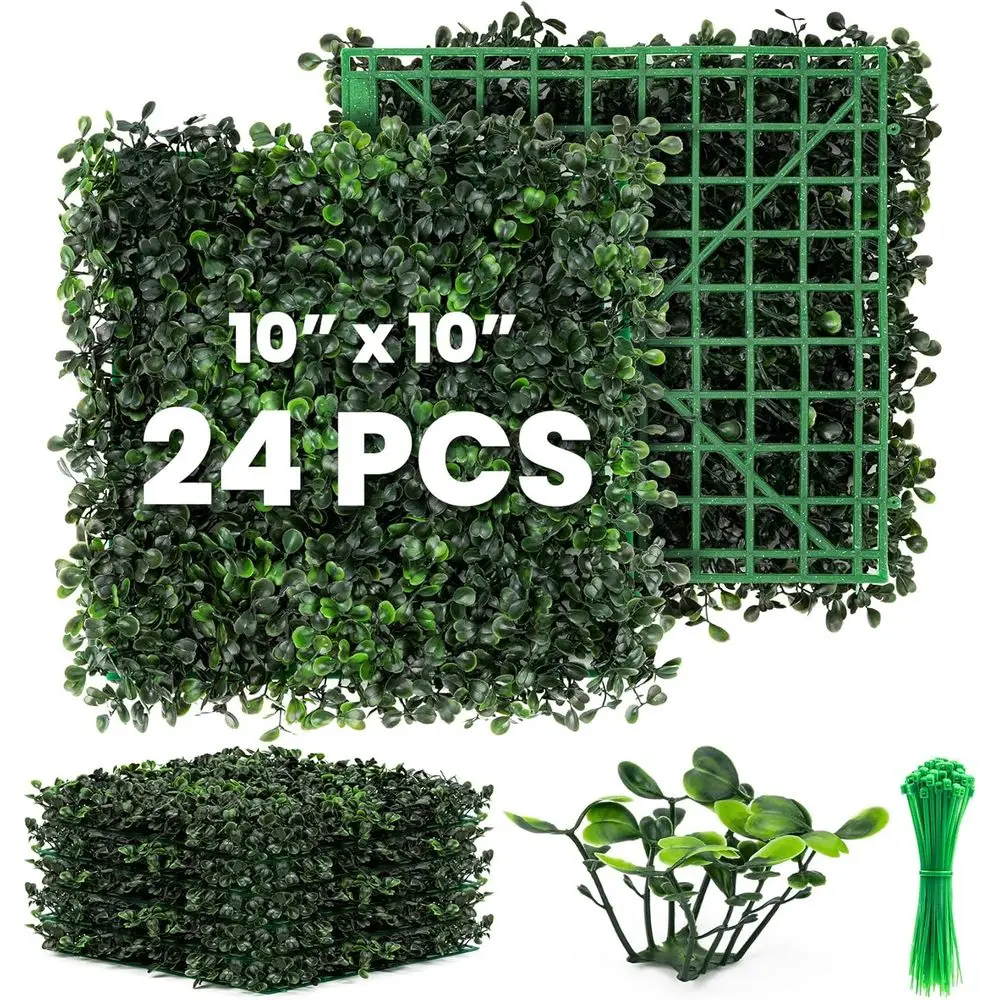 

24 Pack 10x10 Artificial Boxwood Hedge Panels - Privacy Hedge for Outdoor, Indoor, Garden, Backyard, Greenery Walls