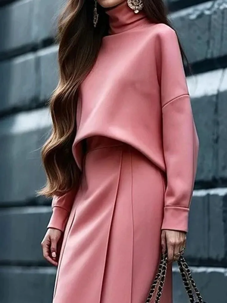

Casual Long Sleeve Solid Suits Fashion Turtleneck Pullover Tops & Long Skirt Sets Women Elegant Hight Waist Draped 2Pc Outfits