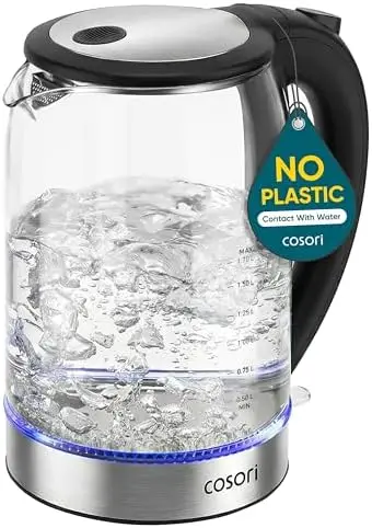 

1.7L Electric Kettle – Plastic-Free, Auto Shut-Off, Borosilicate Glass, 1500W, Black