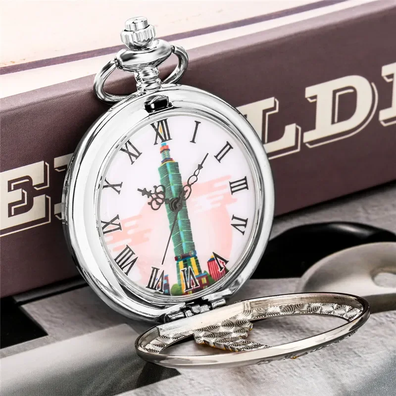 

Antique Hollow Out Pocket Watch with Taibei 101 Building Design Analog Quartz Movement Roman Number Necklace Fob Chain