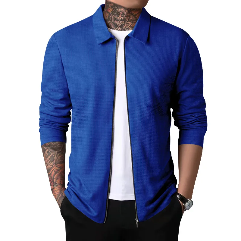 Spring Autum Men's Solid Color Slim Fit Lapel Jacket Coat Male Waffle Fashion Casual Sports Zipper Outwear Long Sleeve Coat Man