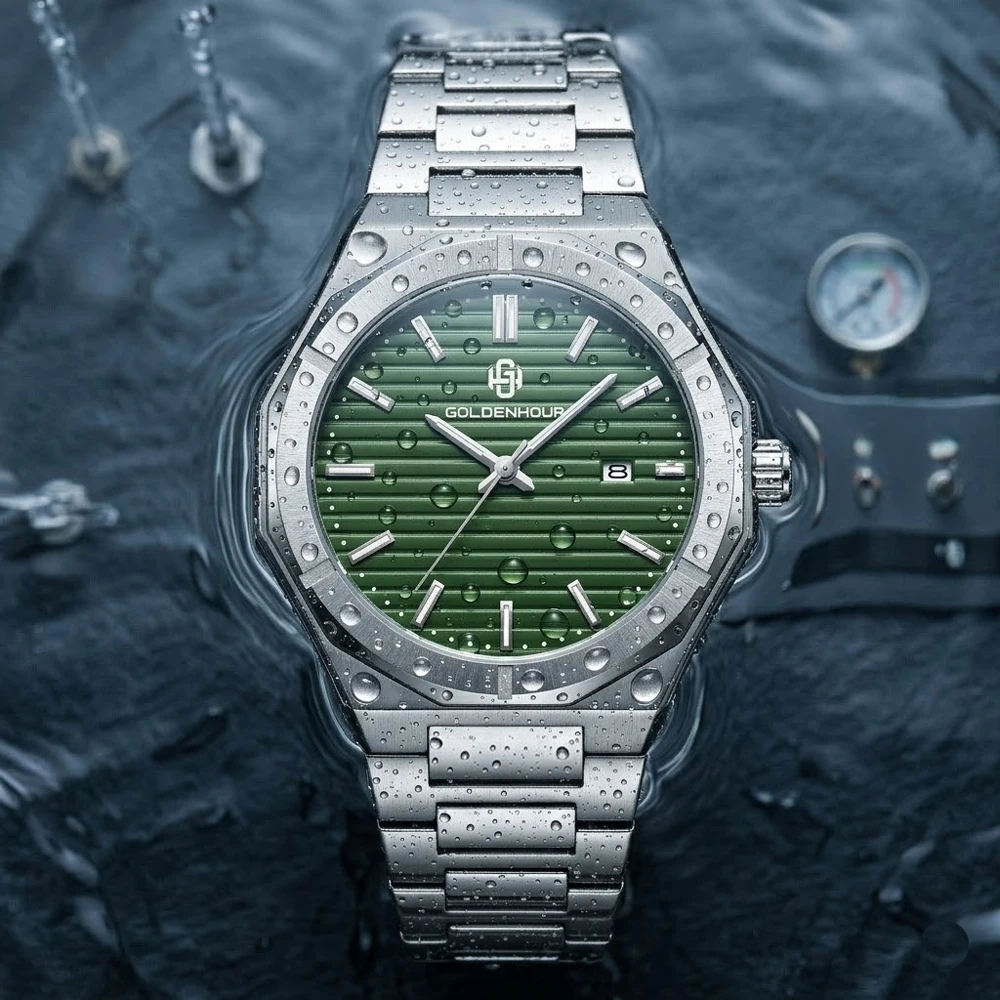 

GOLDEN HOUR Luxury Men's Watch Green Stainless Steel Waterproof Luminous Chronograph Quartz Sport Wristwatch Relogio Masculino