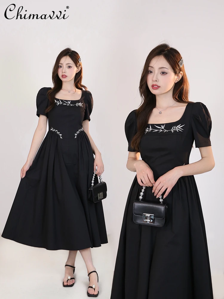 

French Simple Solid Color Embroidered Leaves Square Collar Puff Sleeve High Waist Pleated a-Line Black Long Dress Women Summer