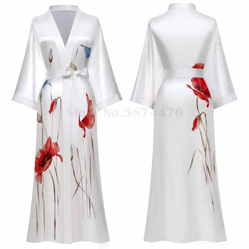 White Long Wedding Robe Gown Sleepwear New Print Flower Nightgowns Women Sexy Kimono Bathrobe Intimate Lingerie Home Clothes