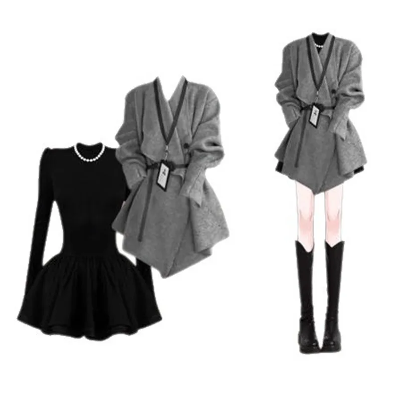 الخريف والشتاء الكورية نمط محبوك سترة سترة + فستان أسود منفوش أنيق المرأة قطعتين مجموعة #5