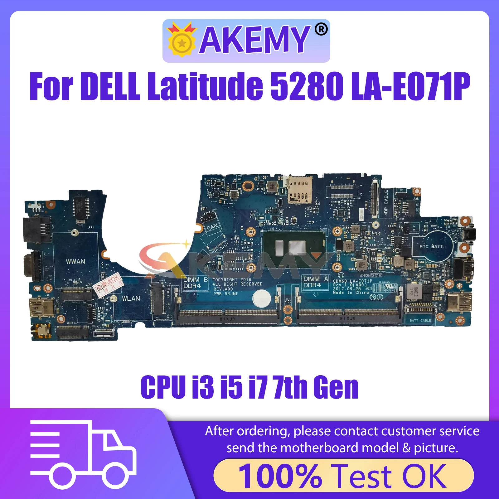 

AKEMY LA-E071P Laptop Motherboard For Dell Latitude 5280 5290 03Y392 04X332 04T711 Notebook Mainboard with i3 i5 i7 7th CPU Gen