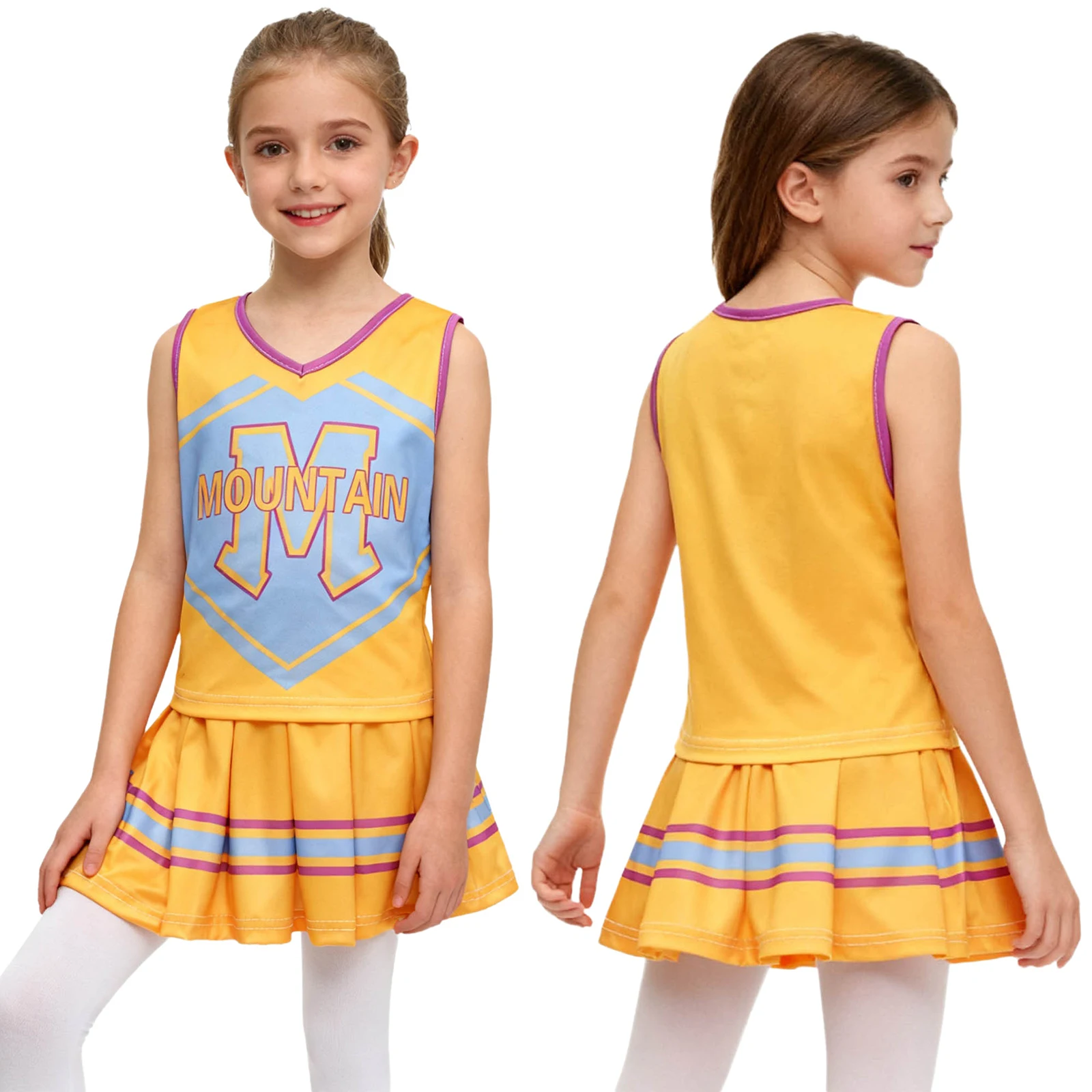 أزياء زعيم التشجيع للأطفال البنات ملابس تنكرية للفيلم بدون أكمام مطبوعة بحروف مع تنورة لعرض المدرسة والرقص التشجيع