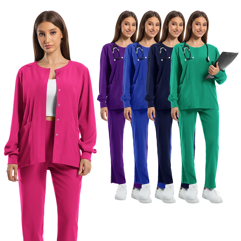 Nurse Uniforms Round Neck Top Scrub Jacket Straight Pants Sets Surgical Workwear Hospital Long Sleeve Snap Front Medical Outfit