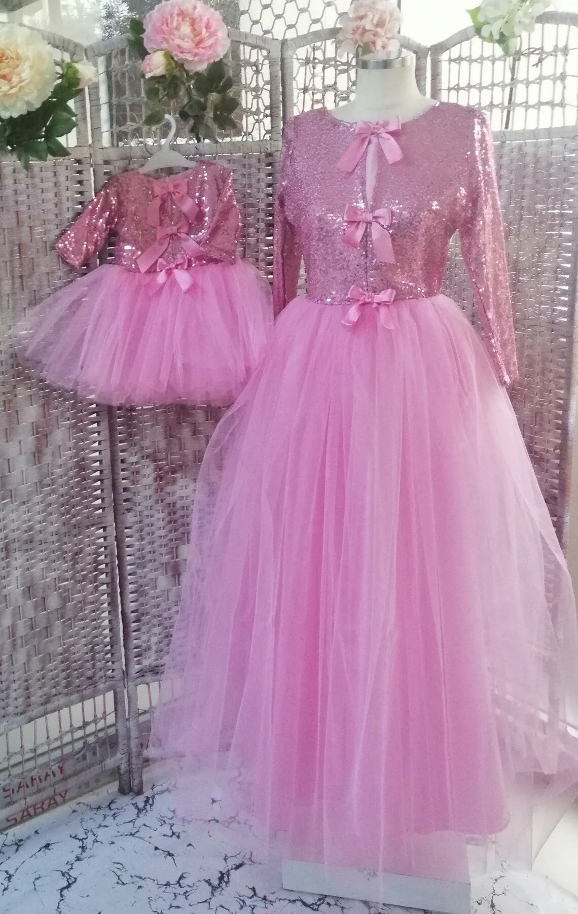 Hot Pink Mommy and Daughter Matching Tutu Dress Sequined Long Mother Kids Birthday Dress Family Maching Outfit for Photoshoot