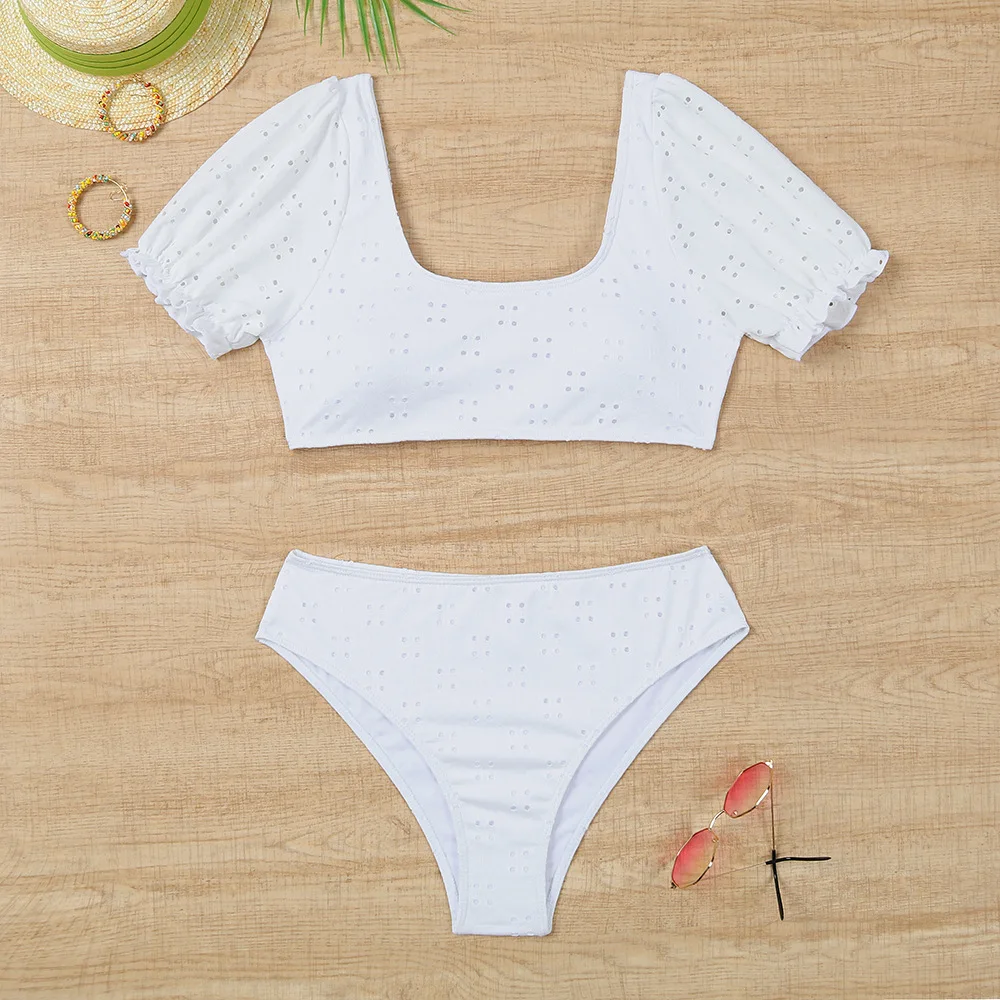 여성용 반팔 수영복 퓨어 컬러 메쉬 플리츠 프릴 크루 넥 비키니 하이 웨이스트 별도의 캐주얼 투피스 수영복