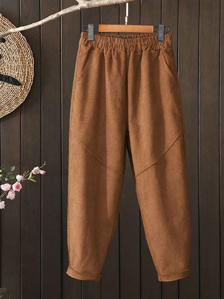 

Вельветовые повседневные брюки в стиле ретро, женские свободные универсальные брюки с эластичной резинкой на талии небольшого размера, утягивающие брюки для мам Харлан, осенние хлопковые брюки