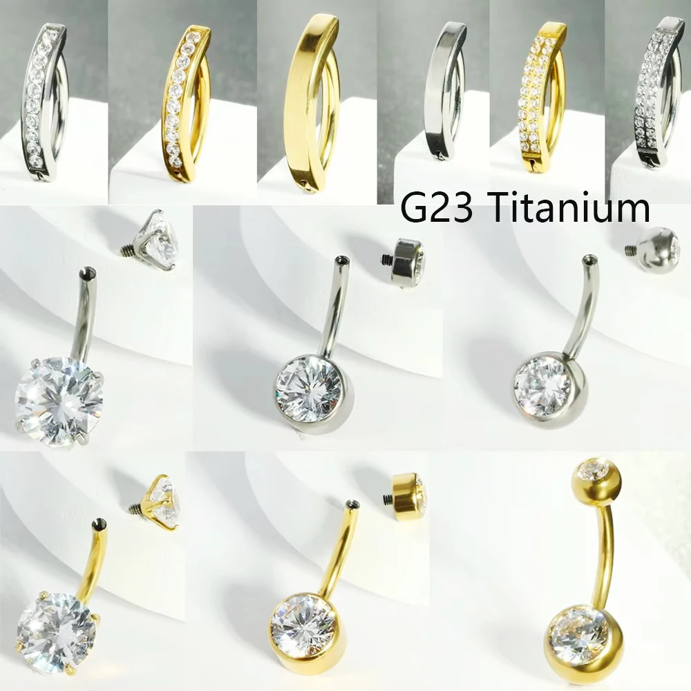 G23 Titanium Piercing 14G Belly CZ Button Ring Reverse Curved Navel Ring Women Bar Length Barbell Piercing Body Jewelry Earrings