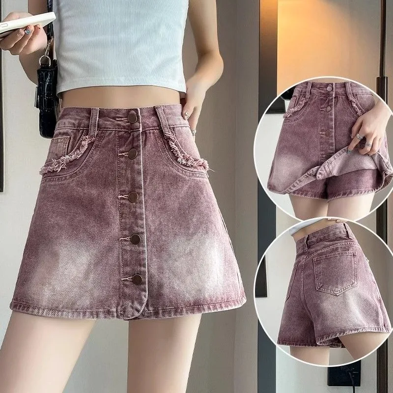 American Retro Jean Fabric Pants Skirt Summer High Waist Thin Small Women's Breasted Hip-wrapped Hot Girl Shorts A-line Culotte